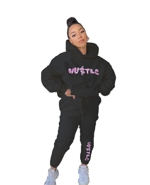 ChocoMist Two-piece Casual Hooded Collar Lip Print Two Piece Pants Set XY3514