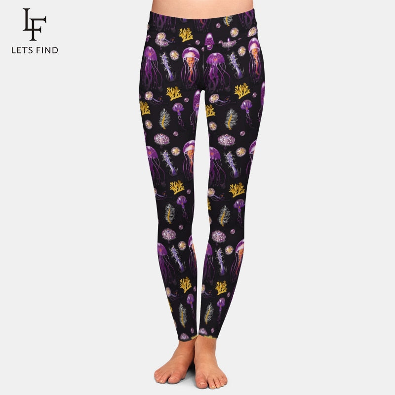LETSFIND Women High Waist Leggings Jellyfish Pattern Digital Print Pants Fashion Plus Size Casual Black Leggings Hot Sale