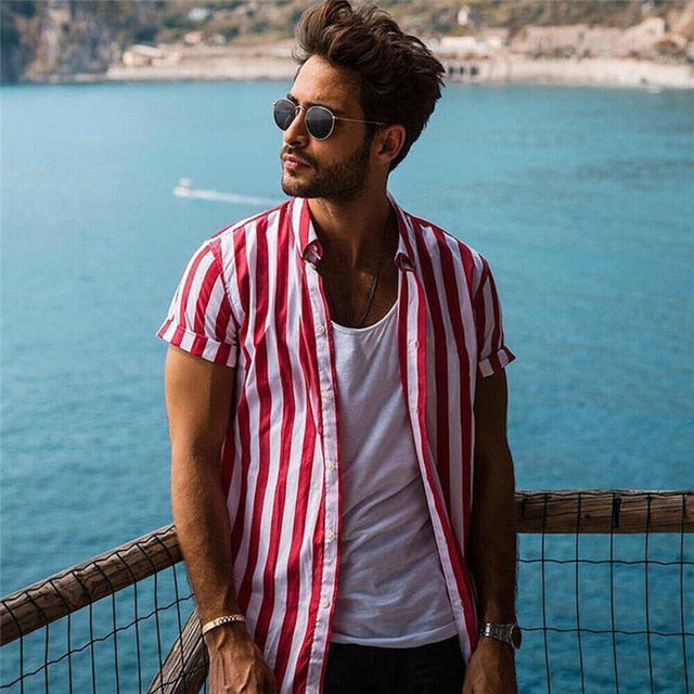 Men Summer Fashion Striped Shirts Top Harajuku Casual Short Sleeve Shirts Men Male Slim Fit Shirt Camisa Masculina Chemise Homme