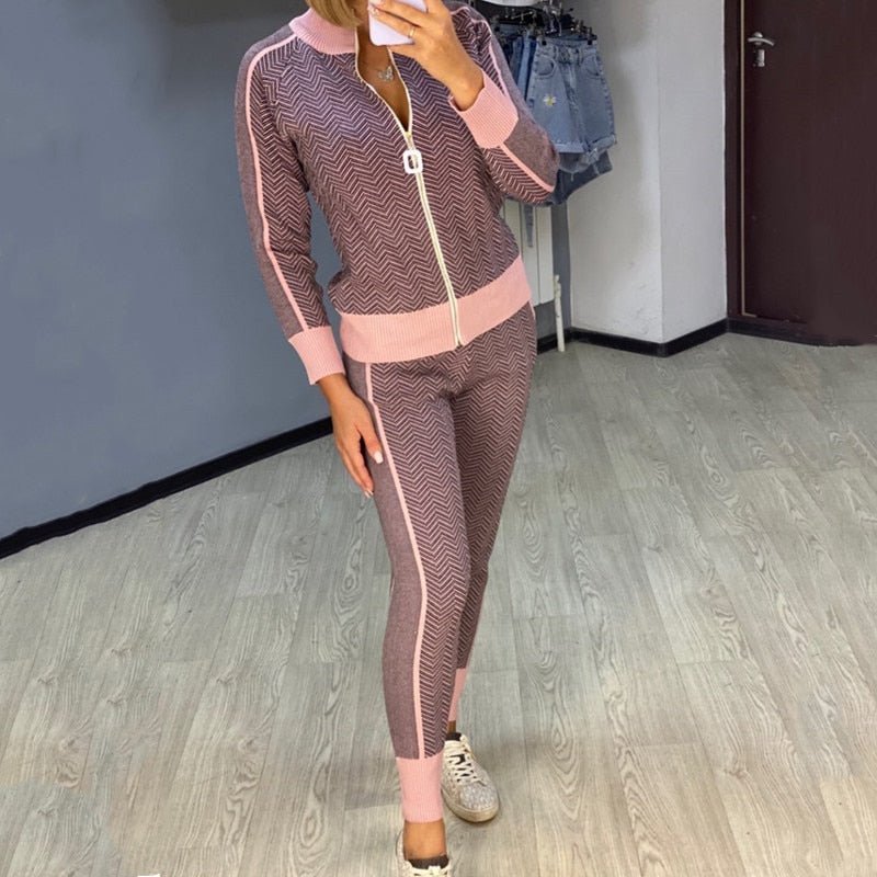 2021 New Women Sporting Sets Sweater Two Piece Knitted Slim Tracksuit Sweatshirts Suit Female High Quality Brand Casual Set