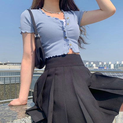 2021 Spring and Summer New Sweet Girly Cardigan Cropped V-neck T-shirt with Wooden Ears Casual Simple Frill Candy Color Top