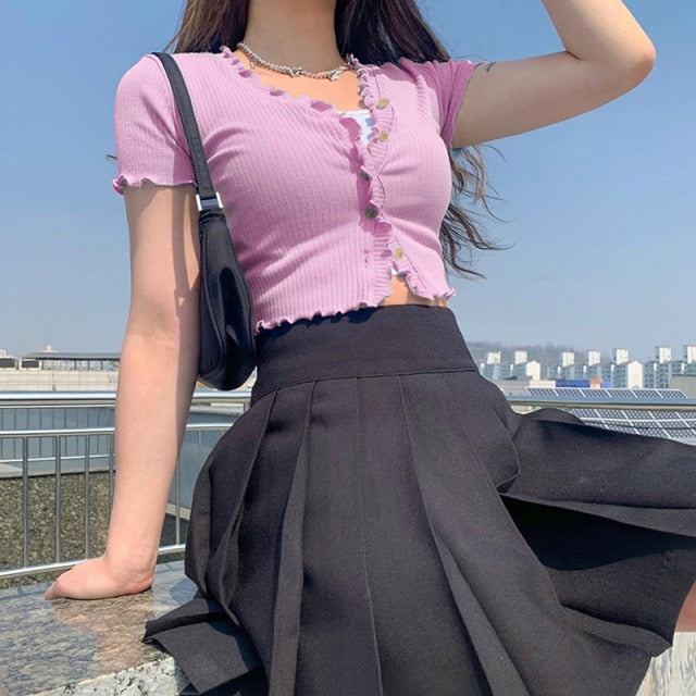 2021 Spring and Summer New Sweet Girly Cardigan Cropped V-neck T-shirt with Wooden Ears Casual Simple Frill Candy Color Top