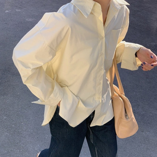 2021 Summer Korean Version of Loose and Thin Wild Lapel Women's Fashion Plus Size Casual Blouse Long Sleeve  Blouse Women