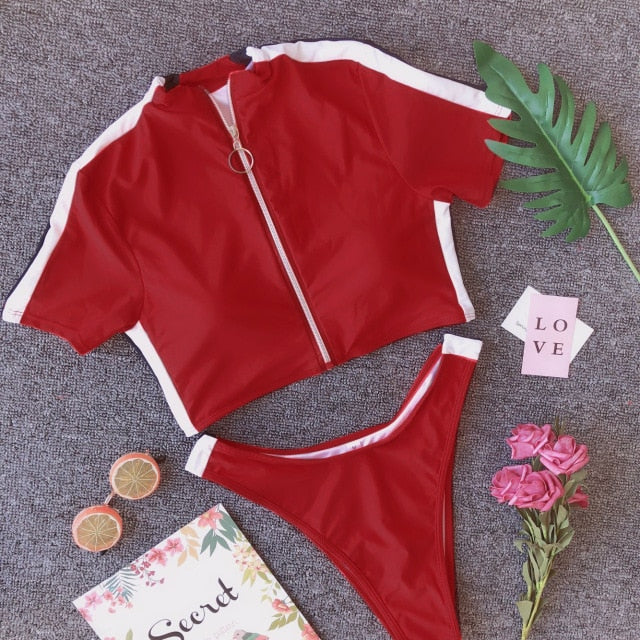 2021 Summer Sexy Women Two-Piece Swimsuit Beachwear Swimwear Female Short Sleeve Zip Up Bikini Sets Bathing Suits Swimwears