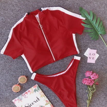 2021 Summer Sexy Women Two-Piece Swimsuit Beachwear Swimwear Female Short Sleeve Zip Up Bikini Sets Bathing Suits Swimwears