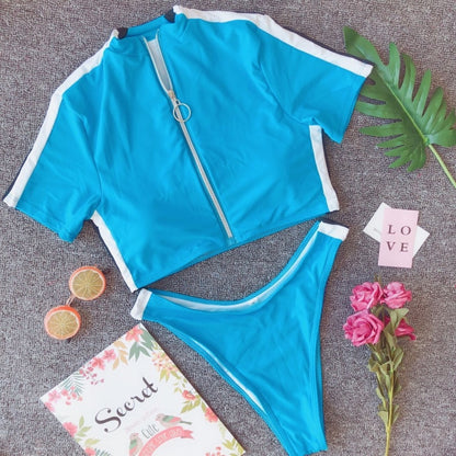 2021 Summer Sexy Women Two-Piece Swimsuit Beachwear Swimwear Female Short Sleeve Zip Up Bikini Sets Bathing Suits Swimwears