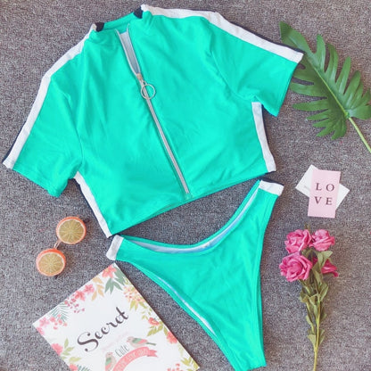 2021 Summer Sexy Women Two-Piece Swimsuit Beachwear Swimwear Female Short Sleeve Zip Up Bikini Sets Bathing Suits Swimwears