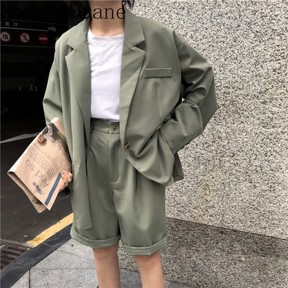 2021 Vintage Fashion 2 Piece Outfits Women Solid Casual Blazers High Waist Suit  Short Pants Lady Sets Streetwear
