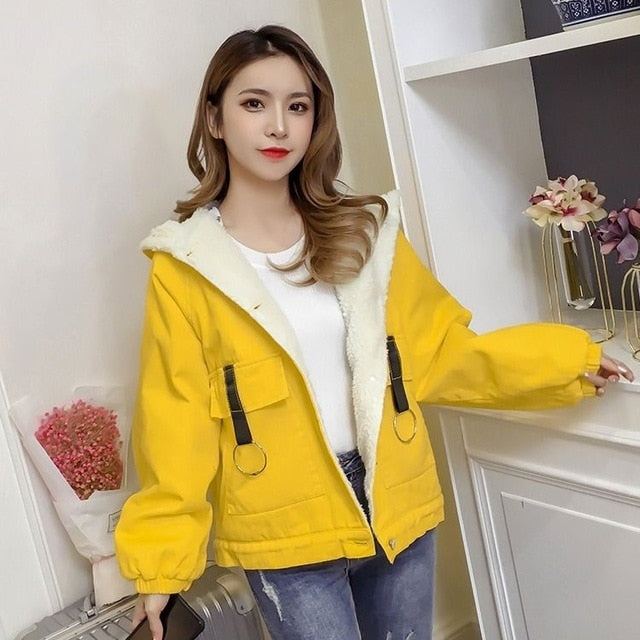 2021 Winter New College Style Lamb Wool Denim Coat for Women, Loose and Plush Thickened Hooded Cotton Padded Jacket for Women