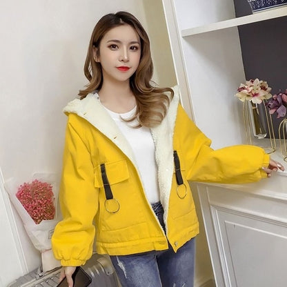 2021 Winter New College Style Lamb Wool Denim Coat for Women, Loose and Plush Thickened Hooded Cotton Padded Jacket for Women