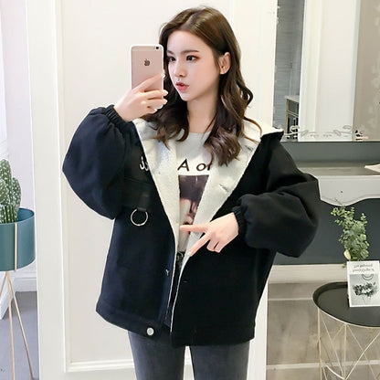 2021 Winter New College Style Lamb Wool Denim Coat for Women, Loose and Plush Thickened Hooded Cotton Padded Jacket for Women