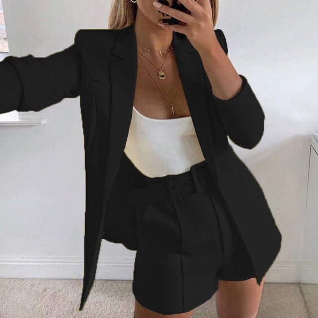 2021 Women Two Piece Set Spring Autumn New Fashion Elegant Lady Slim Open Stitch  Short Pants Woman 2 Pieces Blazer Set