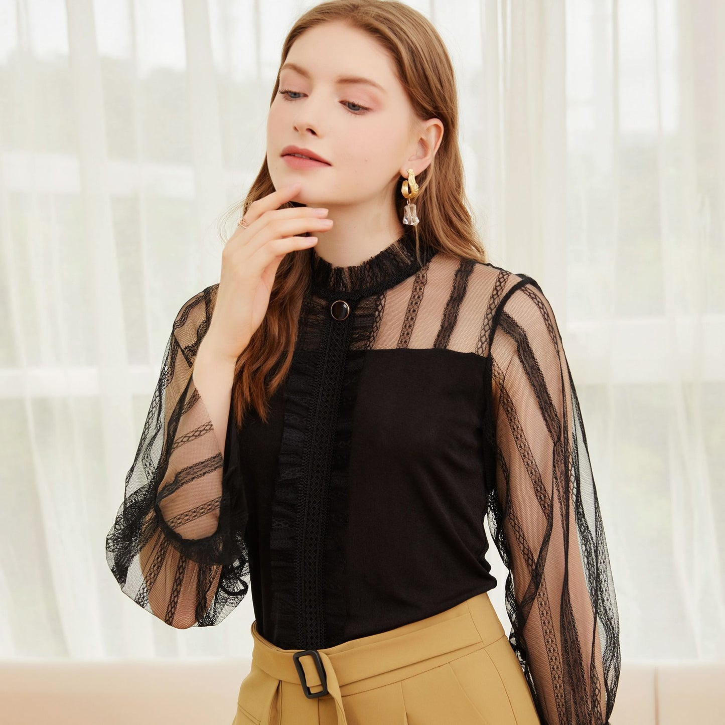 2021 spring and summer new comfortable temperament top type Pullover lotus sleeve women's Lace Sexy hollow out shirt