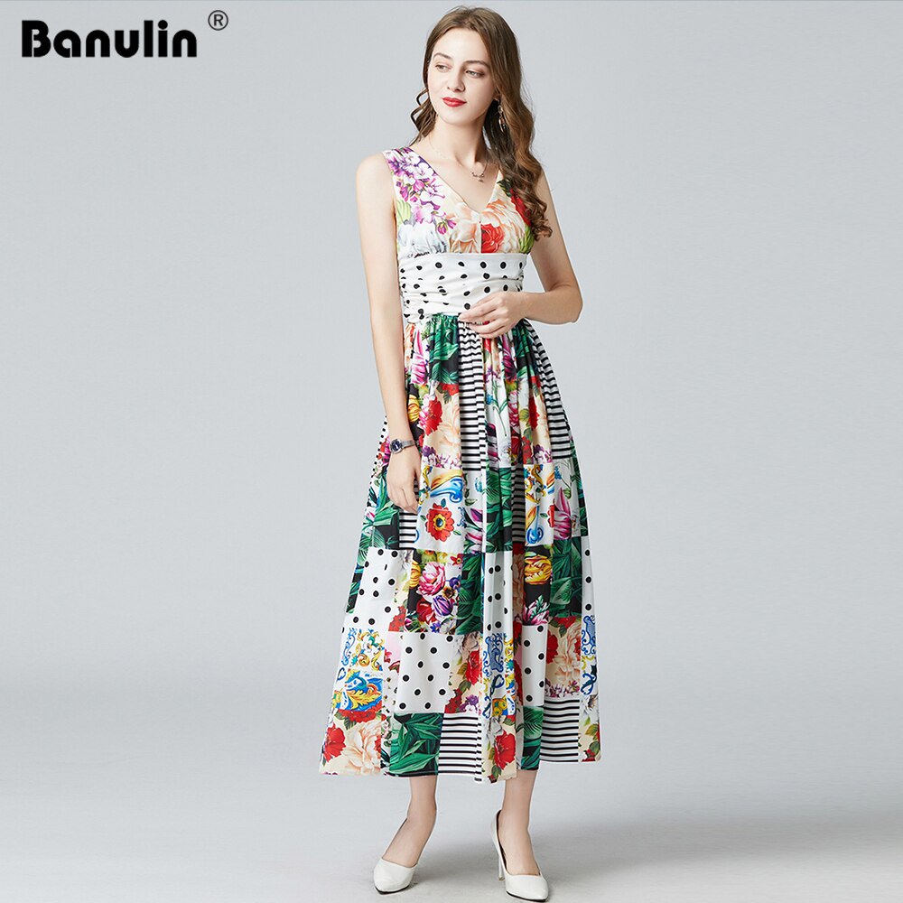 Banulin Mùa Hè 2021 Thời Trang Thiết Kế Kỳ Nghỉ Đầm Maxi Nữ Cổ Chữ V Vải Xếp In Hoa Spaghetti Dây Thanh Lịch Đầm Dự Tiệc