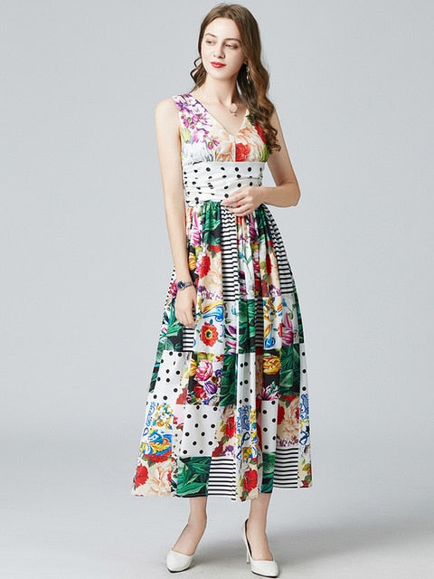 Banulin Mùa Hè 2021 Thời Trang Thiết Kế Kỳ Nghỉ Đầm Maxi Nữ Cổ Chữ V Vải Xếp In Hoa Spaghetti Dây Thanh Lịch Đầm Dự Tiệc