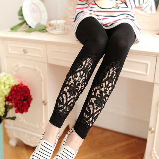 CUHAKCI Women Legging Knitted High Elastic Hollow Out Lace Diamond Solid Trousers New