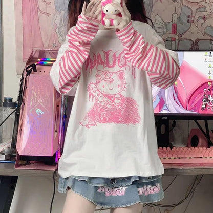 Cartoon cat kawaii girl Harajuku stitching fake two-piece long-sleeved women y2k Gothic Japanese anime cute oversized top women