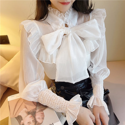 Chiffon Blouse Women Tops Solid Lace Up Bow Spring 2021 Elegant Ruffles Blusas Mujer Ladies Women Shirts Blusas Feminine 855E