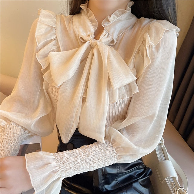 Chiffon Blouse Women Tops Solid Lace Up Bow Spring 2021 Elegant Ruffles Blusas Mujer Ladies Women Shirts Blusas Feminine 855E