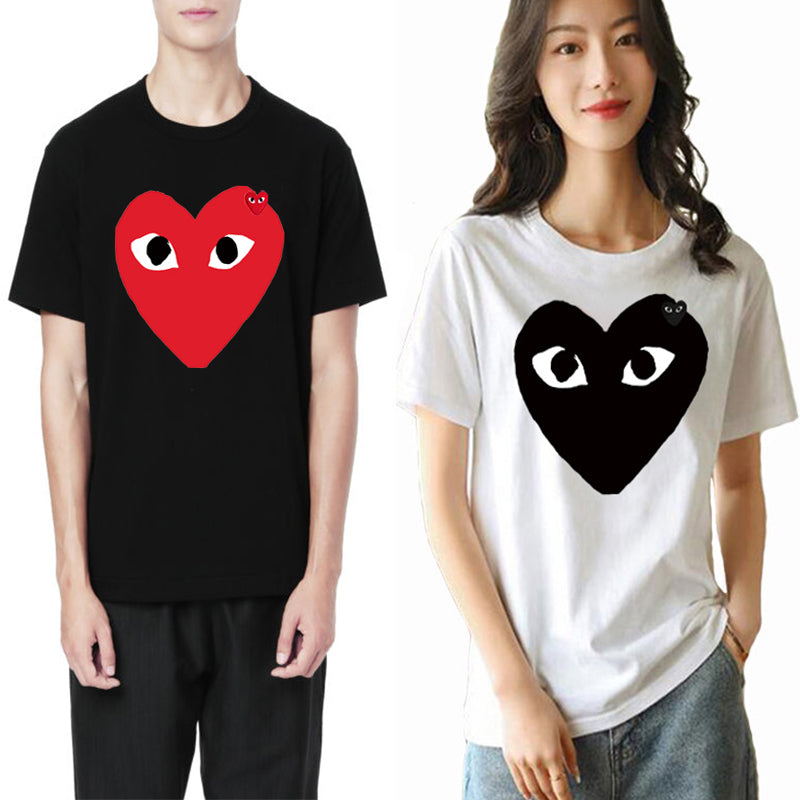 Comme Des Garcons Men Women Summer T-shirt Heart Eyes Print Embroidered Cotton O-neck Short-sleeved Unisex Casual T-shirt