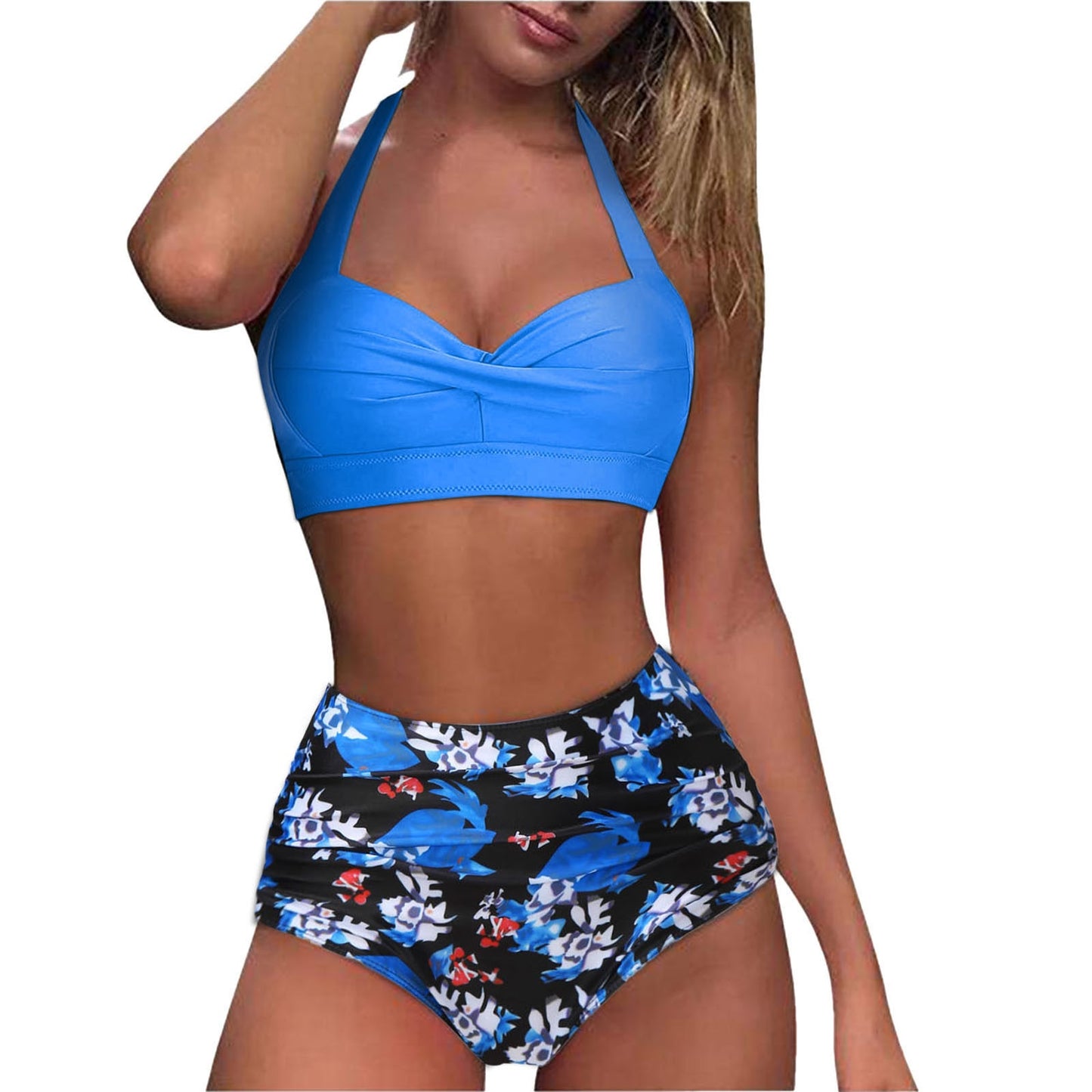 Hot Sale Swimwear Women Swimsuit Vintage Swimsuit Two Piece Retro Halter Ruched High Waist Print Bikini Sexy Set Bikini 2021
