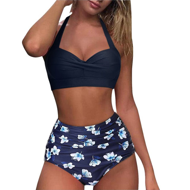 Hot Sale Swimwear Women Swimsuit Vintage Swimsuit Two Piece Retro Halter Ruched High Waist Print Bikini Sexy Set Bikini 2021