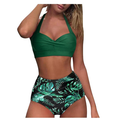 Hot Sale Swimwear Women Swimsuit Vintage Swimsuit Two Piece Retro Halter Ruched High Waist Print Bikini Sexy Set Bikini 2021