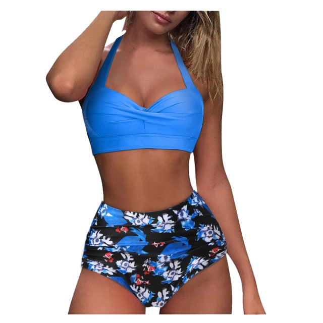 Hot Sale Swimwear Women Swimsuit Vintage Swimsuit Two Piece Retro Halter Ruched High Waist Print Bikini Sexy Set Bikini 2021