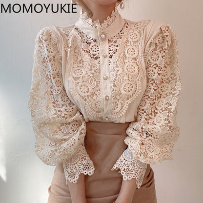 Long Sleeve Blouse Womens Tops Shirts Lace 2021 Fall Korean Fashion White Hollow Out sexy Office Lady Floral Turtleneck New