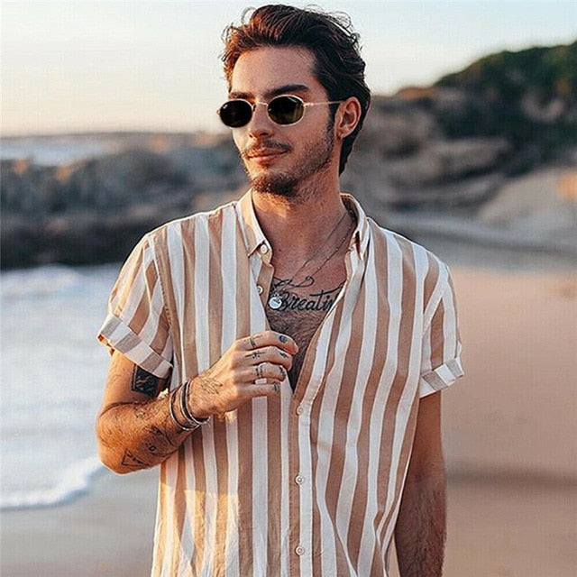 Men Summer Fashion Striped Shirts Top Harajuku Casual Short Sleeve Shirts Men Male Slim Fit Shirt Camisa Masculina Chemise Homme