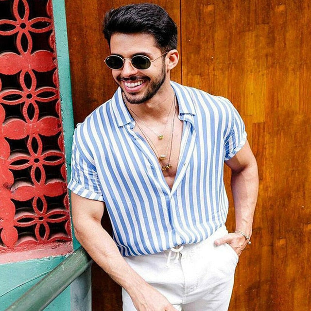 Men Summer Fashion Striped Shirts Top Harajuku Casual Short Sleeve Shirts Men Male Slim Fit Shirt Camisa Masculina Chemise Homme