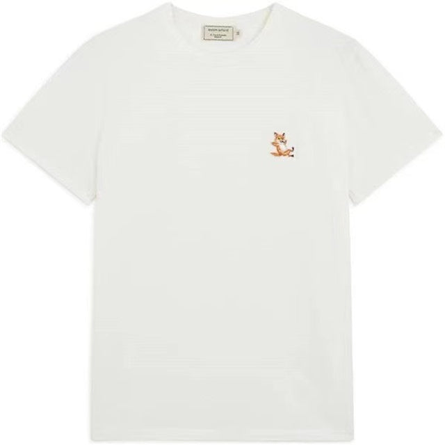 Men&#39;s and Women&#39;s Same Short-sleeved Kitsune Fashion Casual Round Neck Small Fox Embroidery Short-sleeved T-shirt Cotton Top