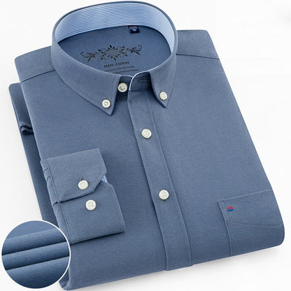 Mens Long Sleeve Solid Oxford Dress Shirt with Left Chest Pocket High-quality Male Casual Regular-fit Tops Button Down Shirts