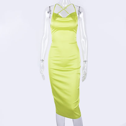 Neon Satin Bodycon Dài Đầm Midi Nữ Sling Hở Lưng Phối Ren Mùa Hè Gợi Cảm Club Thanh Lịch Không Tay Đảng Băng Đô Đầm Lưới Hoa