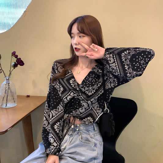 New 2021 Fashion V-Neck Shirts Work Women Blouses Fit Vintage Floral Print Shirts Drawstring Shirts Chiffon Puff Shirts