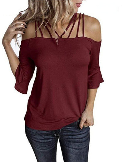 New Summer Women&#39;s T-shirt Fashionable Temperament Commuter Shoulder Strap Trumpet Sleeve Loose Casual Joker T-shirt Women Tops