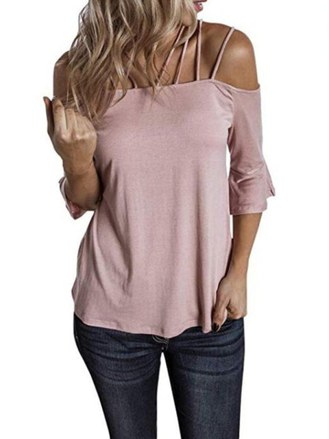 New Summer Women&#39;s T-shirt Fashionable Temperament Commuter Shoulder Strap Trumpet Sleeve Loose Casual Joker T-shirt Women Tops