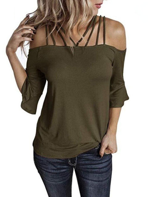 New Summer Women&#39;s T-shirt Fashionable Temperament Commuter Shoulder Strap Trumpet Sleeve Loose Casual Joker T-shirt Women Tops