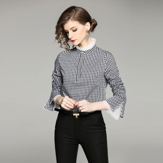 New women's shirt in 2021 fashion trumpet sleeve top with ruffle collar mesh panel lattice shirt