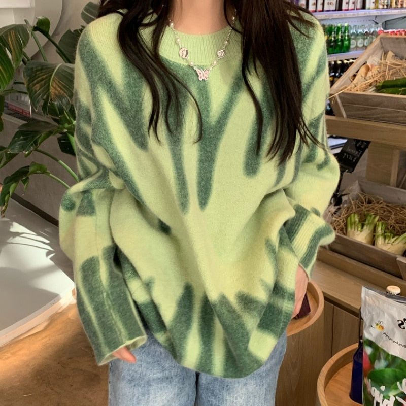 Oversized Pullovers Women Sweater Elegant Green Striped Print Winter Long Sweaters Streetwear Ladies Jumper Warm Outerwear 2021