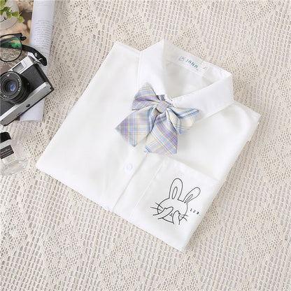 Preppy Style Women Blouses Shirts White Print Rabbit Turndown Collar Short Sleeve Summer Tops Female Blusas Lady Clothing #H59