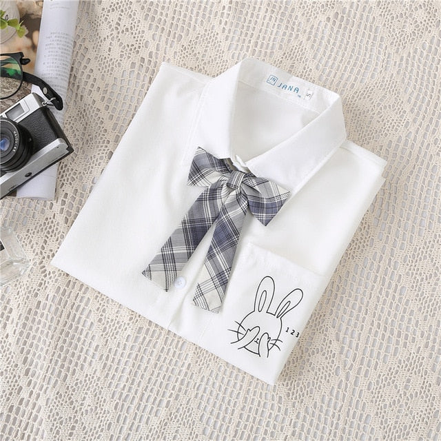 Preppy Style Women Blouses Shirts White Print Rabbit Turndown Collar Short Sleeve Summer Tops Female Blusas Lady Clothing #H59