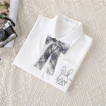 Preppy Style Women Blouses Shirts White Print Rabbit Turndown Collar Short Sleeve Summer Tops Female Blusas Lady Clothing #H59