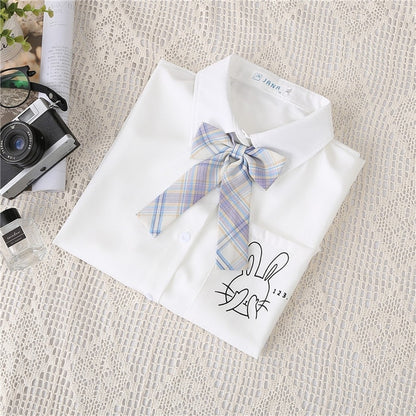Preppy Style Women Blouses Shirts White Print Rabbit Turndown Collar Short Sleeve Summer Tops Female Blusas Lady Clothing #H59
