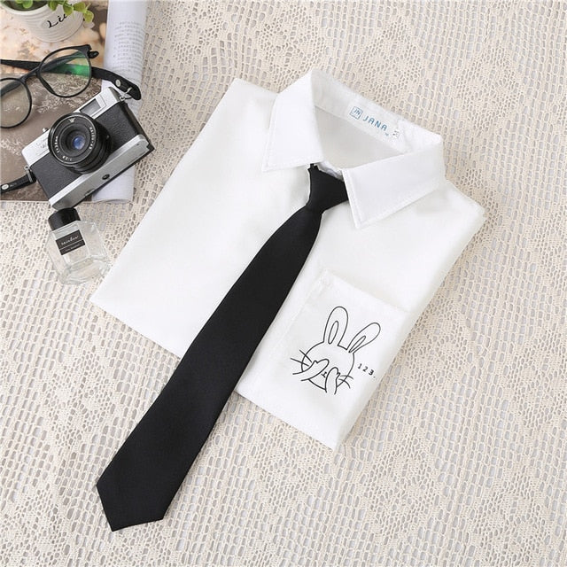 Preppy Style Women Blouses Shirts White Print Rabbit Turndown Collar Short Sleeve Summer Tops Female Blusas Lady Clothing #H59