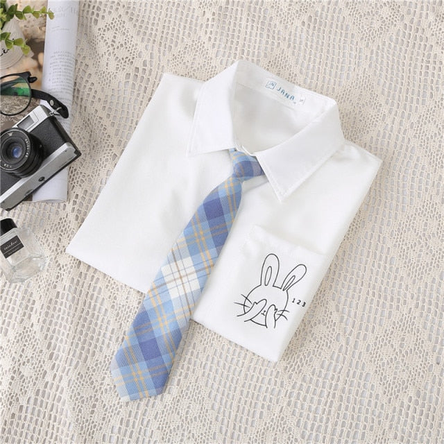 Preppy Style Women Blouses Shirts White Print Rabbit Turndown Collar Short Sleeve Summer Tops Female Blusas Lady Clothing #H59