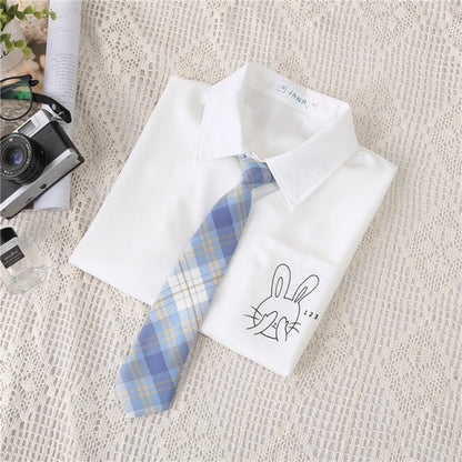 Preppy Style Women Blouses Shirts White Print Rabbit Turndown Collar Short Sleeve Summer Tops Female Blusas Lady Clothing #H59