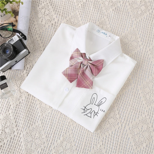 Preppy Style Women Blouses Shirts White Print Rabbit Turndown Collar Short Sleeve Summer Tops Female Blusas Lady Clothing #H59