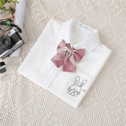 Preppy Style Women Blouses Shirts White Print Rabbit Turndown Collar Short Sleeve Summer Tops Female Blusas Lady Clothing #H59
