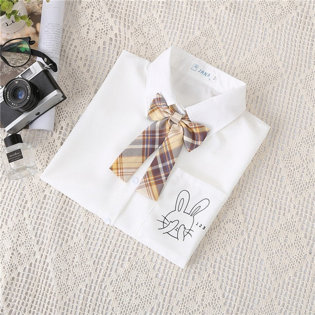 Preppy Style Women Blouses Shirts White Print Rabbit Turndown Collar Short Sleeve Summer Tops Female Blusas Lady Clothing #H59